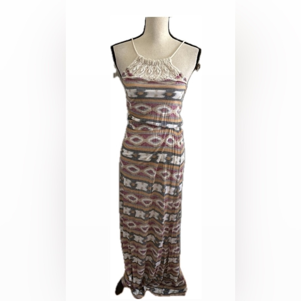 Lucky Brand Women’s Maxi Sun Dress Red Aztec Crochet Sleeveless Size Small